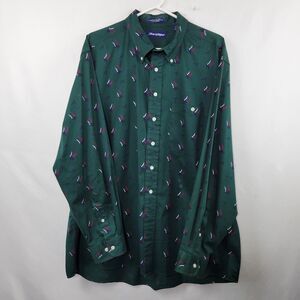 Patriotic Stars & Stripes Print Green LS 100% Cotton Button Up Shirt Mens Sz XL